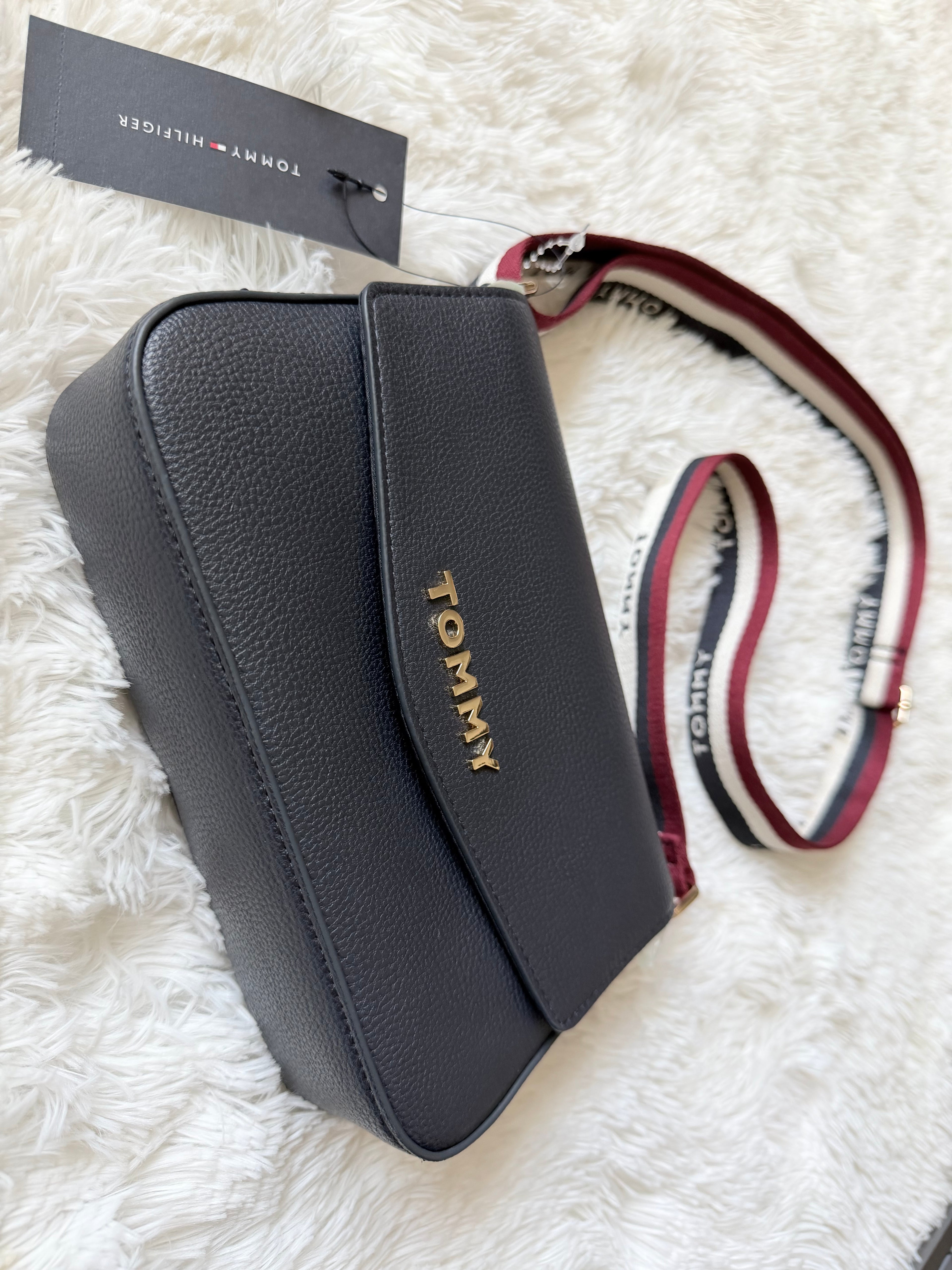 Tommy Hilfiger Black Crossbody Bag with Red Strap